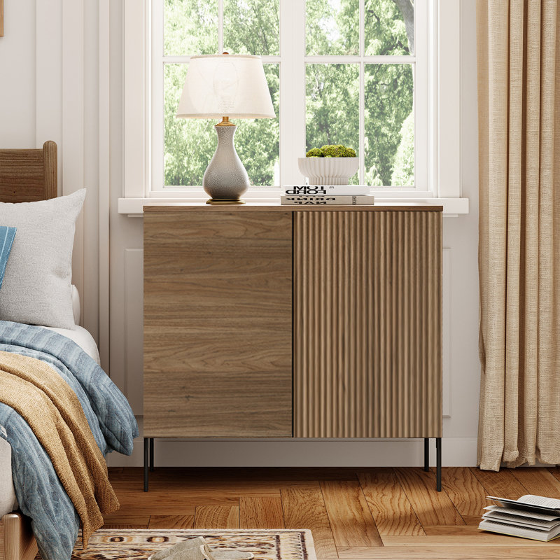 Union Rustic Modern Minimalist Wood Nightstand With Doors ,31.5" Large End Table,Reeded Design Bedside Table For Bedroom, Living Room,Entryway