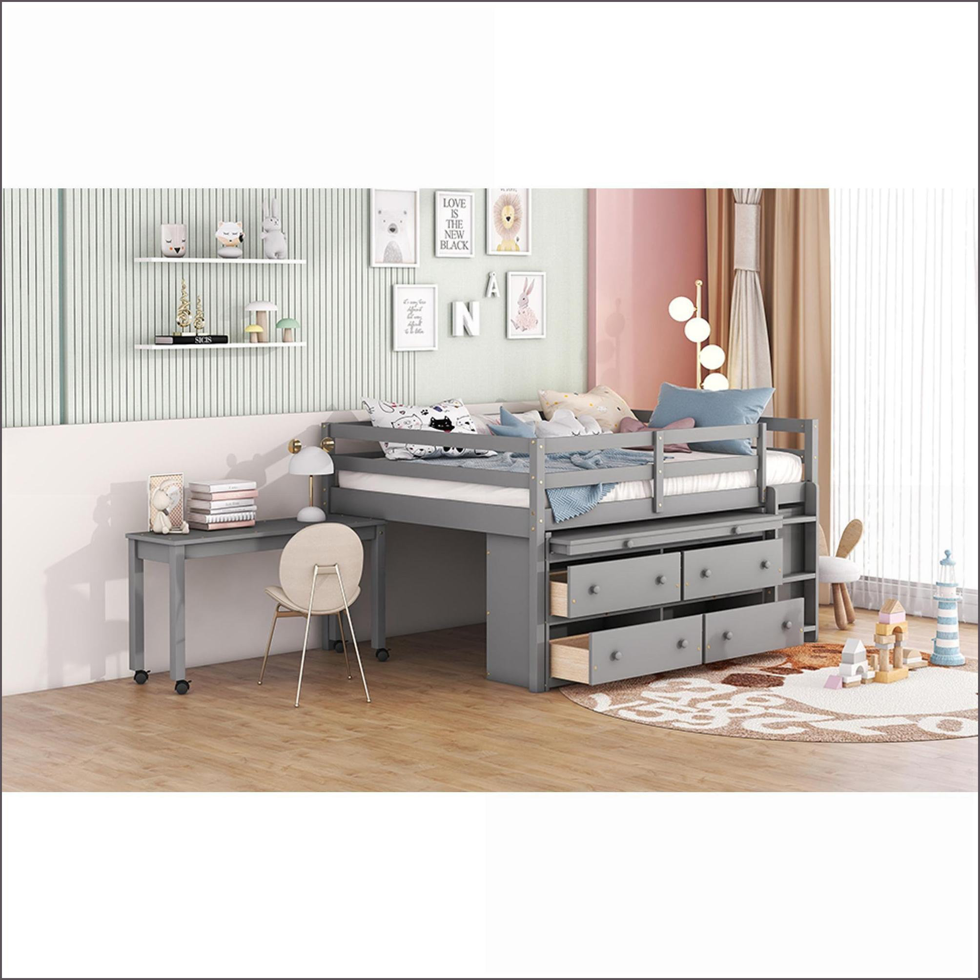 Latitude Run® Full Size Pine Wood Loft Bed with Retractable Writing ...