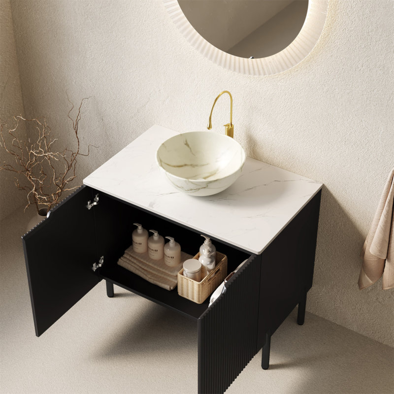 Meuble-lavabo de salle de bain 24 po avec lavabo, meuble-lavabo de salle de bain autoportant avec cuve en céramique avec motif de pierre et comptoir en bois fritté blanc Carrara