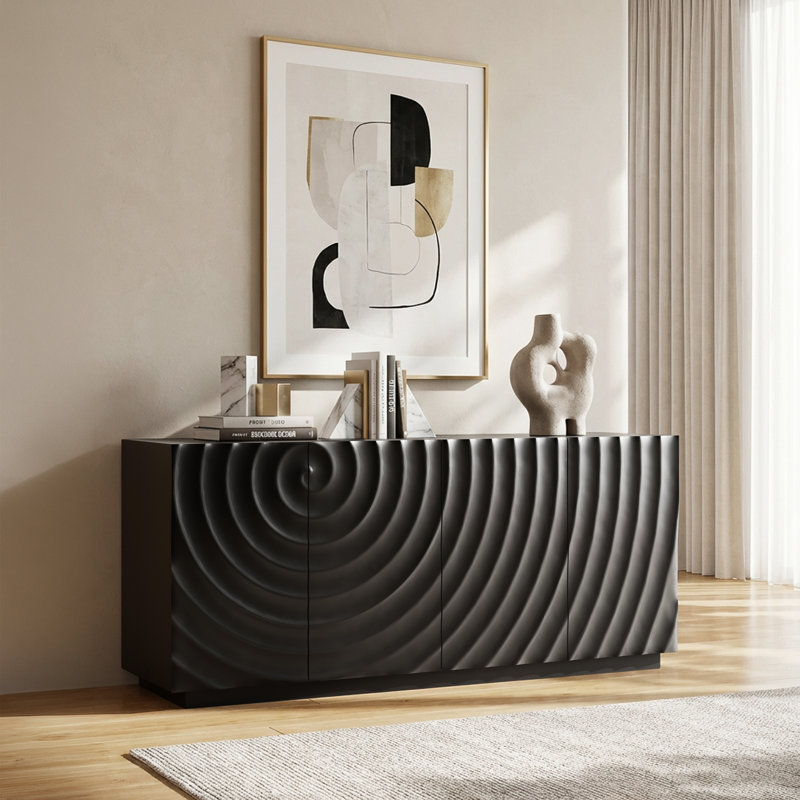 59-Inch Modern Textured Sideboard Buffet Cabinet, Black 4-Door Storage Credenza for Dining/Living Room, Black