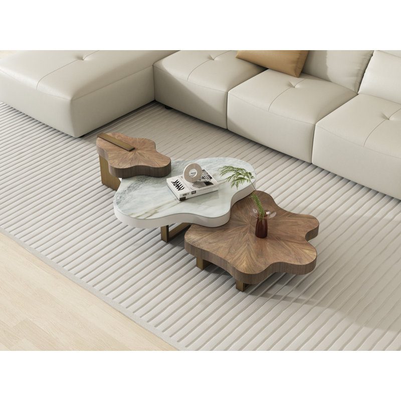 Italian Minimalist Irregular  3-set resistant Nesting Coffee Tables, 15.7" H x 63" L x 39.37" D
