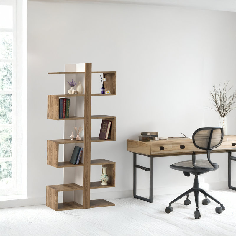 Bibliothèque moderne en chêne, panneau de particules enduit de mélamine à 100%, 30,7 x 67,0 x 11,6 pouces | 5 tablettes d'une hauteur de 10,0 pouces | Conception murale pour un rangement supplémentaire | Élégant et fonctionnel pour la maison ou le bureau