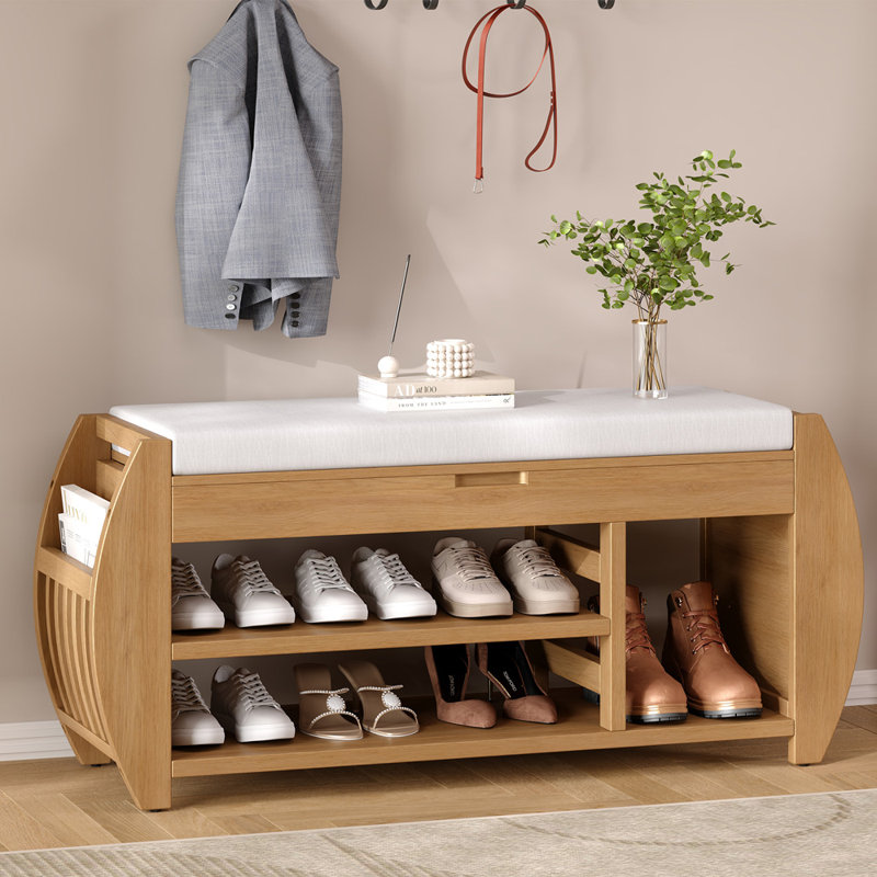 Retro Multifunctional Shoe Storage Bench With Cushion And Curved Side Panel, Natural