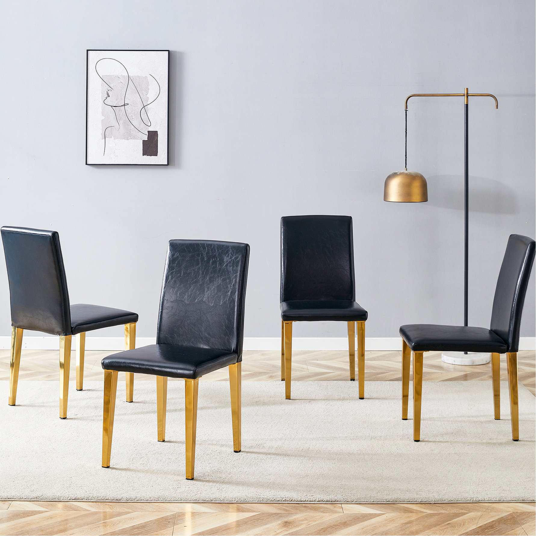 Everly Quinn Of 4 Black Pu Dining Chairs, Golden Metal Legs ...