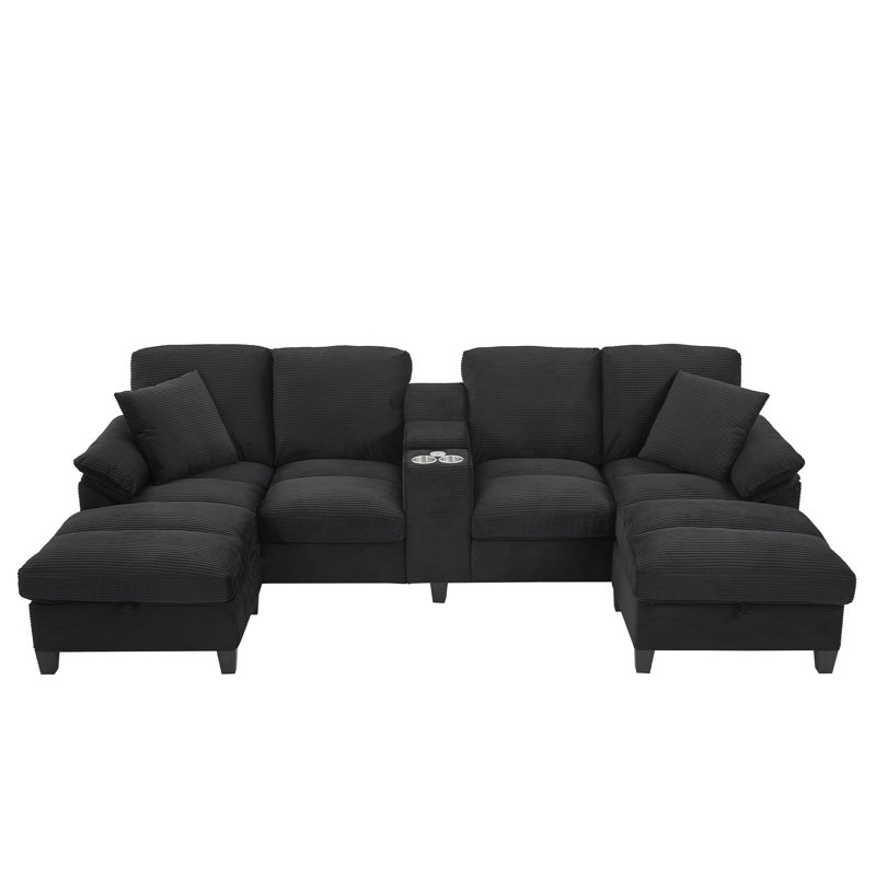 Modern U-Shaped Sofa 116.9" Sectional Sofa Corduroy Upholstered Sofa Couch With Storage Ottomans, Cup Holders And USB Ports For Living Room, Black
