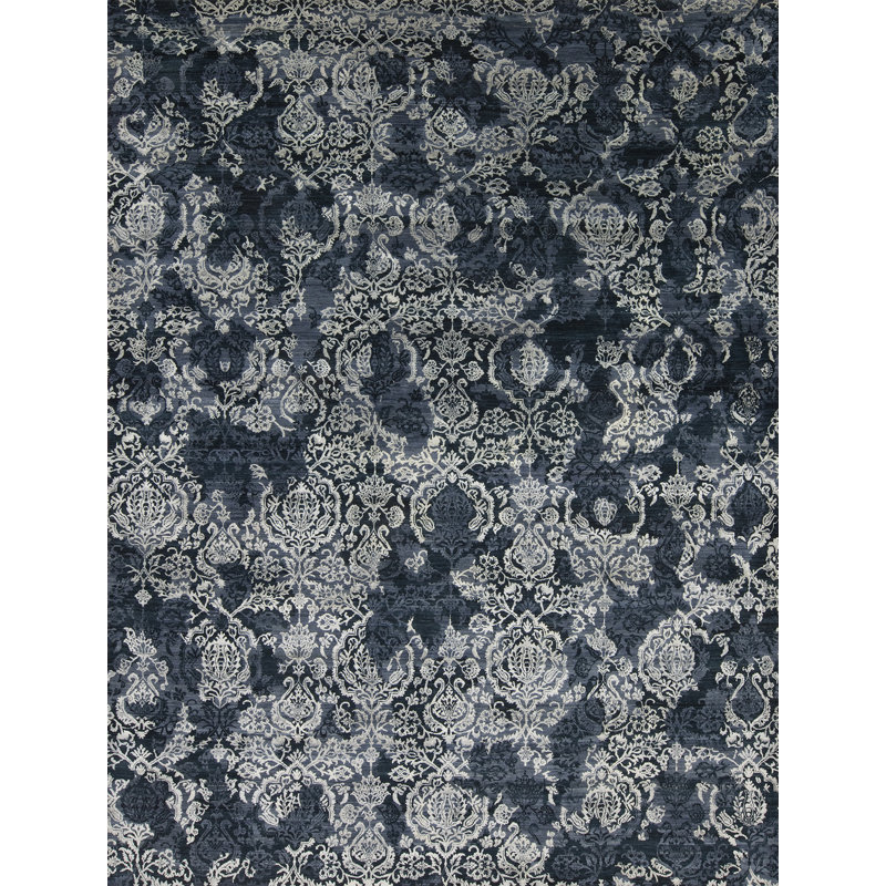 Paradise Hand Knotted Damask Area Rug, Rectangle 8' x 10', Navy/Blue