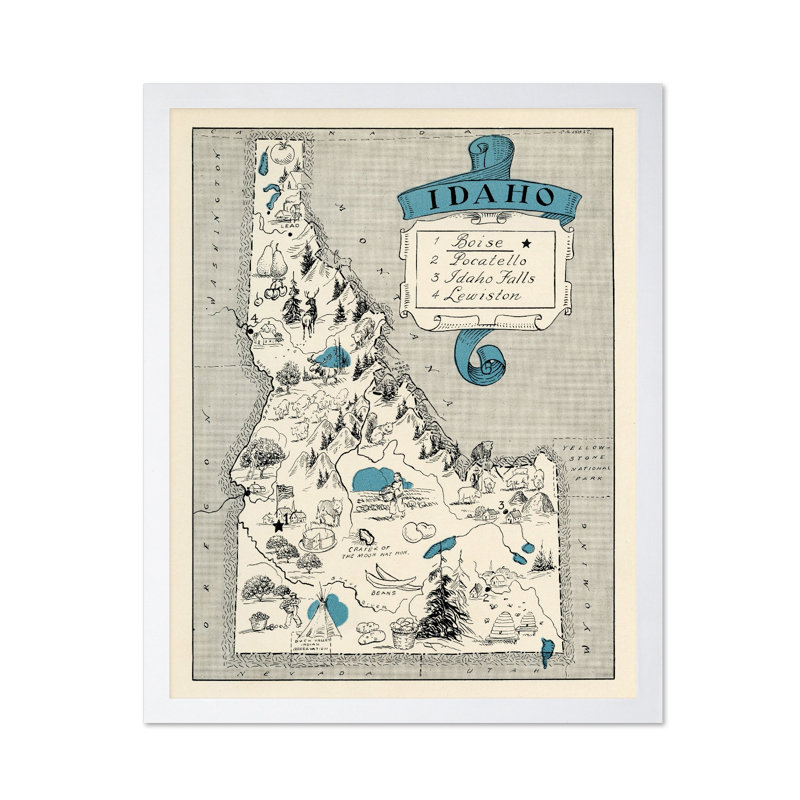 Idaho Pictorial Map, Poster, 18"H x 24"W, White Framed