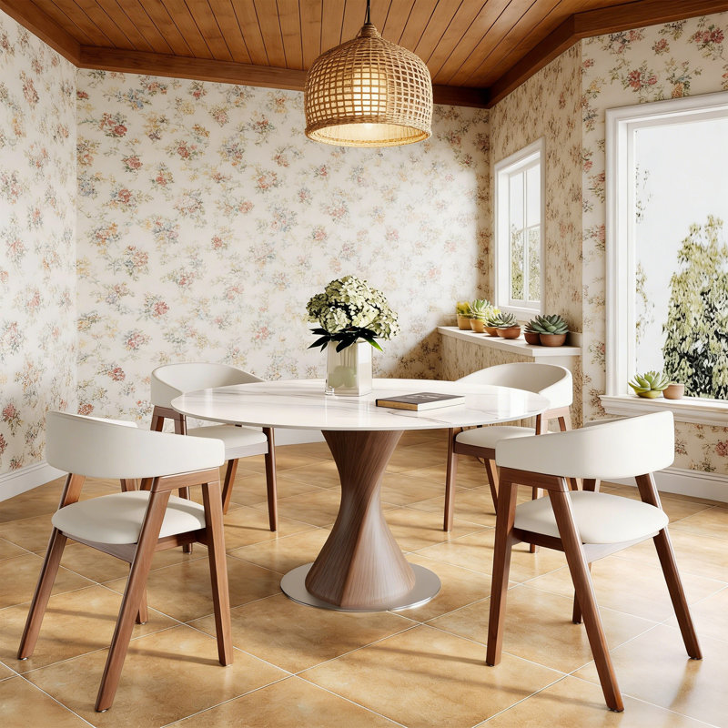 Stable Dining Table For 4, 29.53"H x 47.24"L x 47.24"W, Glossy White, Dark Walnut