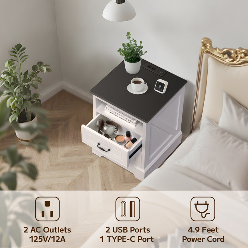 Farmhouse Nightstand set of 2, Bedside Table with Charging Station, White, Set of 2