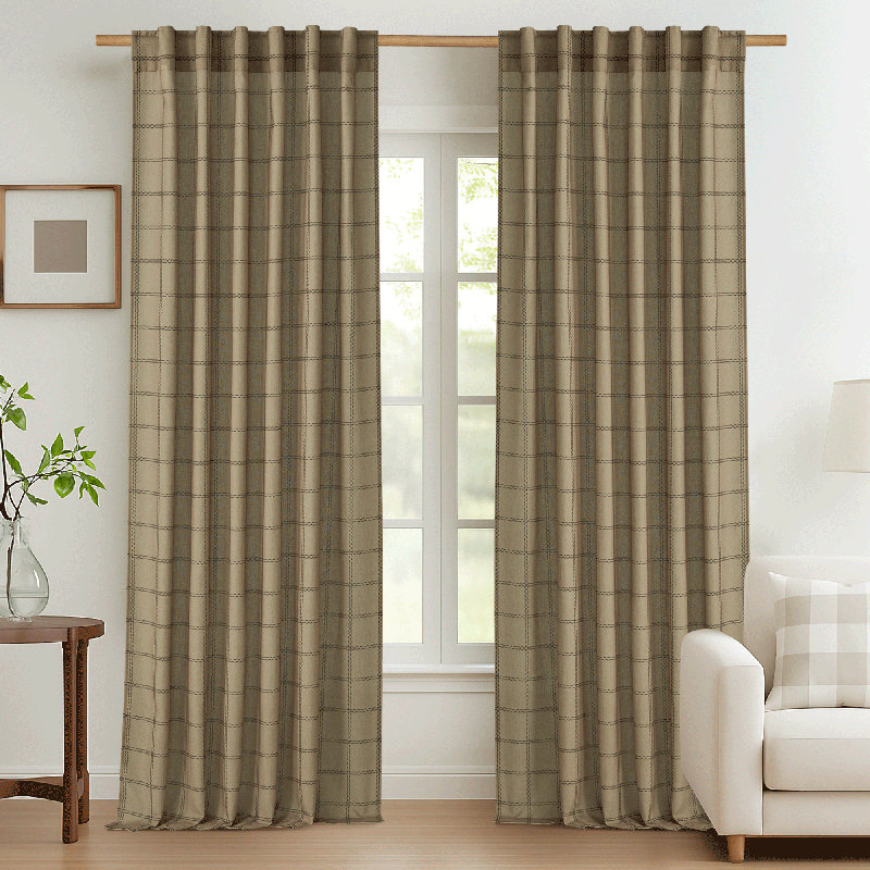 Linen Plaid Curtains Modern Window Panels Check Tartan Light Filtering Curtains for Living Room Bedroom, Rod Pocket Back Tab, 2 Panels