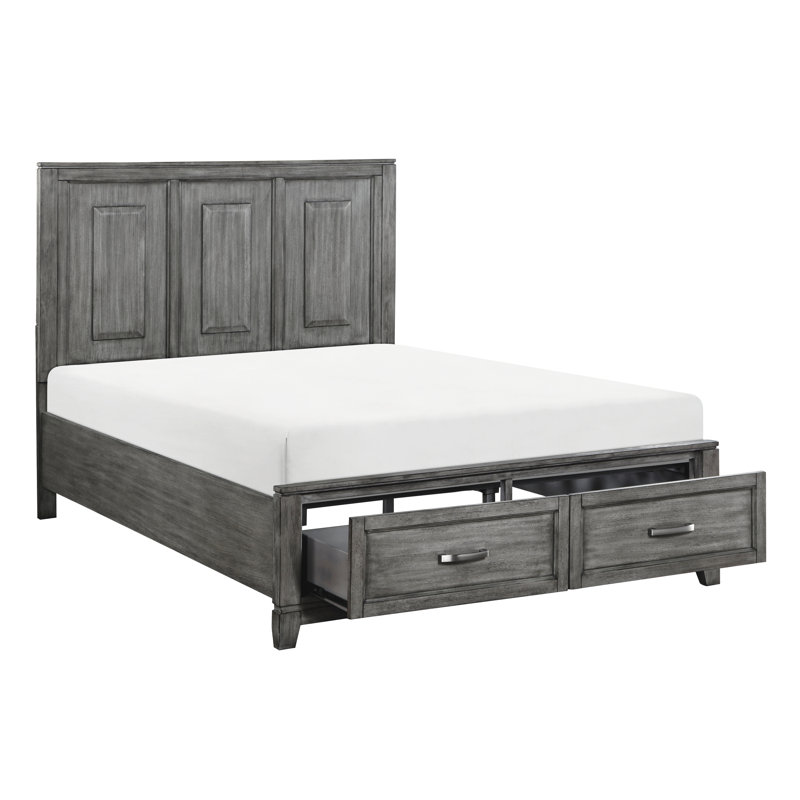 Grand lit plateforme avec rangement au fini gris, attrait rustique pour la chambre à coucher avec finition captivante