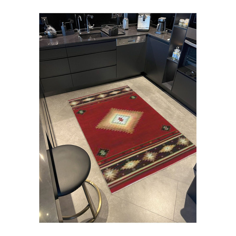 Tapis décoratif rouge à motif géométrique rouge à motif de paille lavable à la machine, Sous-tapis carré 3 pi 3 po inclus