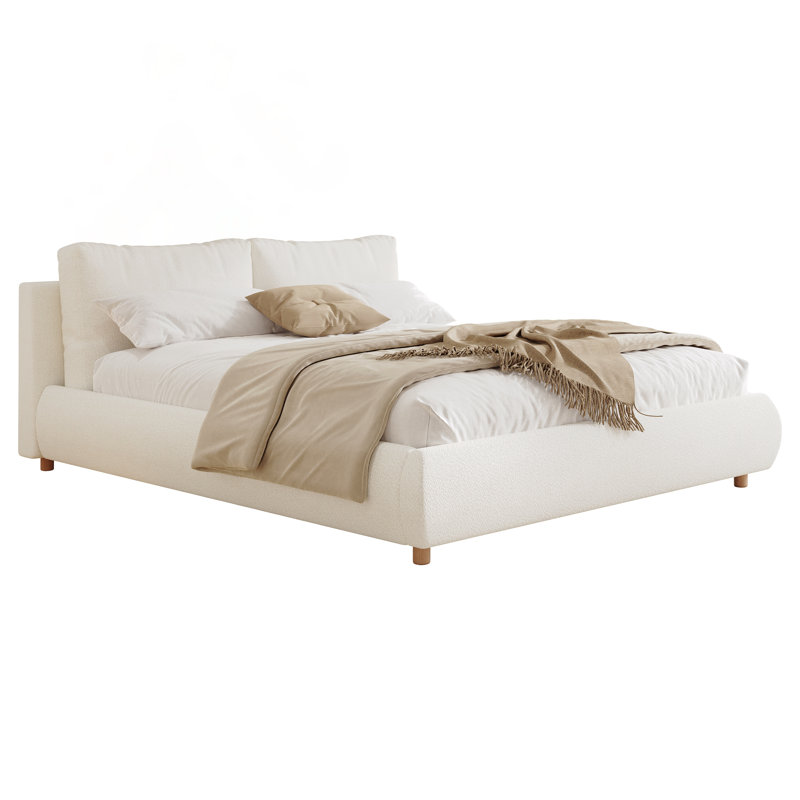 Grand lit plateforme tapissier avec deux têtes de lit amovibles, tissu bouclé doux et finition blanche élégante