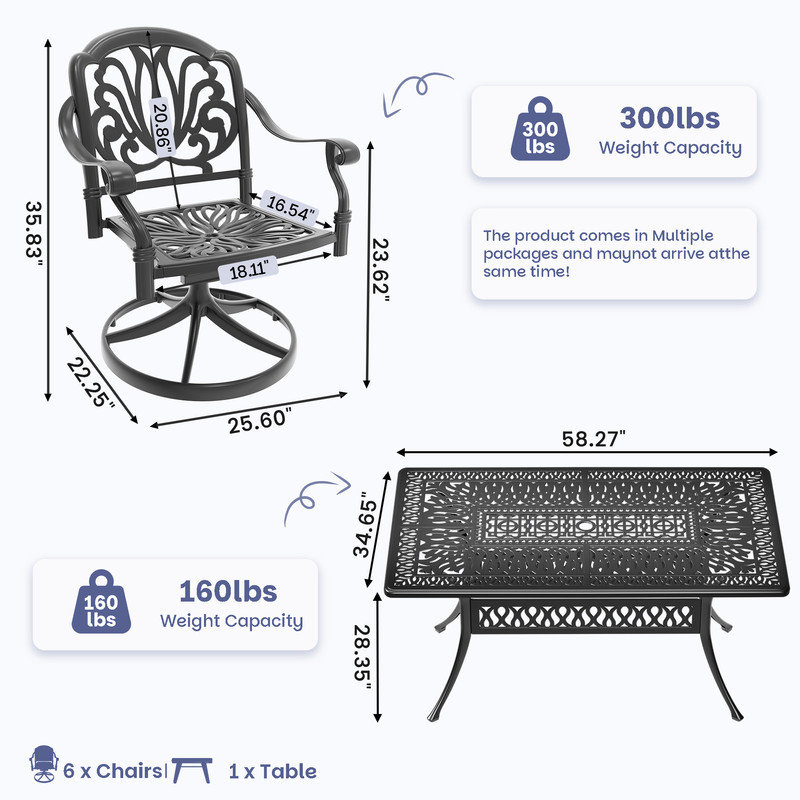 Table de salle à manger rectangulaire en aluminium moulé pour patio de 58,27 po L avec trou pour parasol et 6 chaises pivotantes avec coussins bruns (ensemble de 7 pièces)