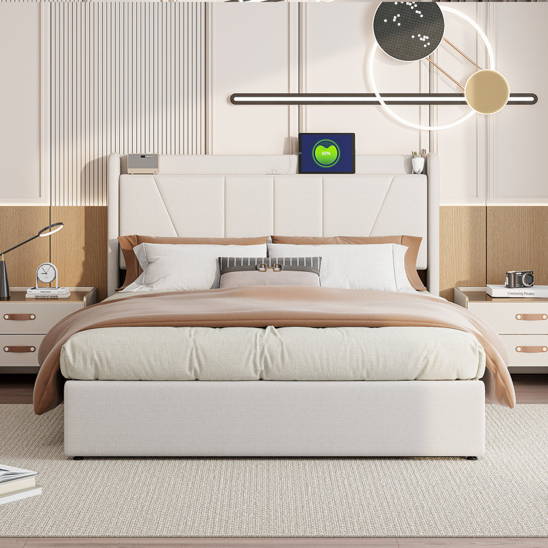 Upholstered Ottoman Storage Bed, Beige, European Kingsize (160 x 200 cm)