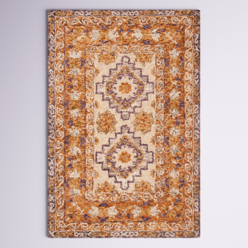 Tapis orange / beige en laine / coton touffeté à la main, Rectangle 6 pi x 9 pi
