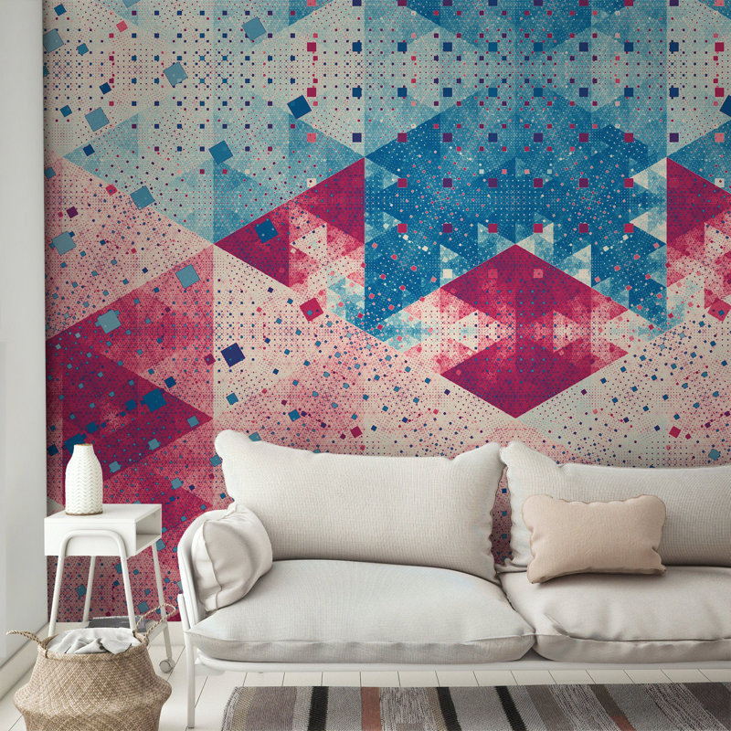 Papier peint à motif de triangles rétro, bleu et rose, Maripier, l 55 po x L 35 po