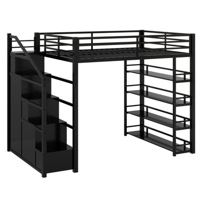 Lit mezzanine en métal avec tablettes de rangement, armoires et garde-robe