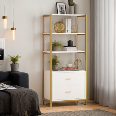 Freestanding 4-Tier Etagere Bookcase with 2 Drawers, Modern Display Bookshelf and Storage Organizer for Living Room and Home Office