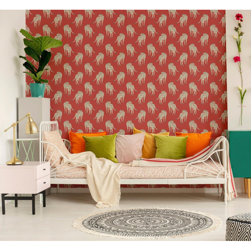Prowling Cheetah - Wallpaper, Red, Faux Grasscloth, Non-Pasted