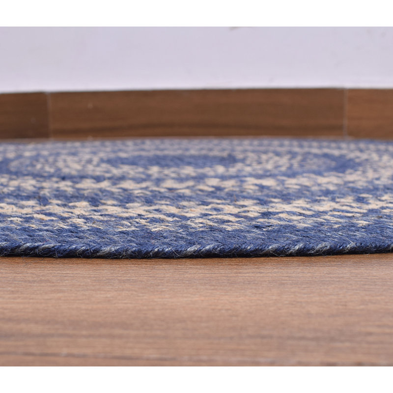 Camyla Farmhouse Braided Jute Blue Area Rug, Round 5'