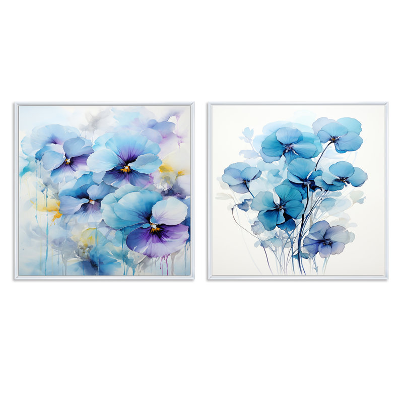 Bleu et mauve Blossum Harmony Pansies Bouquet - Ensemble de 2 collages carrés, Cadre flottant blanc, H 30 po x l 61 po