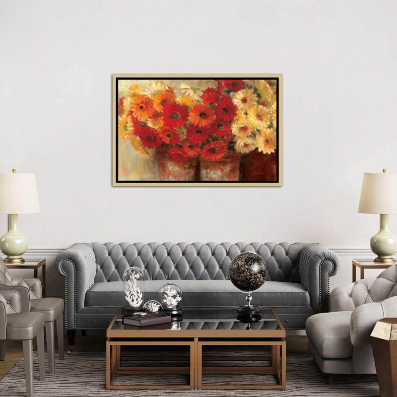 Chelsea Gerberas par Carol Rowan - reproduction d'art, Cadre flottant doré, H 40 po x l 60 po x 1,5 po