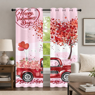 2Pcs Valentine's Day Heart Tree Curtains, Truck and Flower Printed Romantic Style Grommet Drapes, Window Treatment for Bedroom Living Room Decor