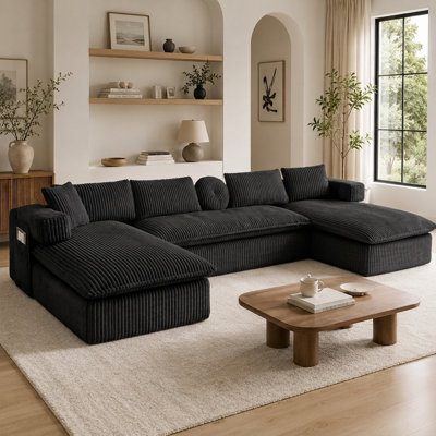 149" Oversized U-Shaped Modular Sectional Sofa, 6-Seat Deep Seat Corduroy Couch with Movable Armrests, Side Pocket and 4 Back Cushions