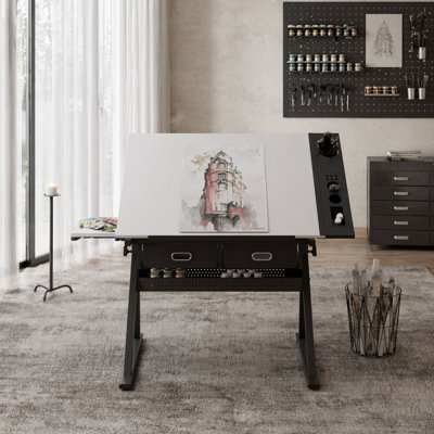 Adjustable Drawing Drafting Table Desk With 2 Drawers For Home Office And School With Stool (All White)