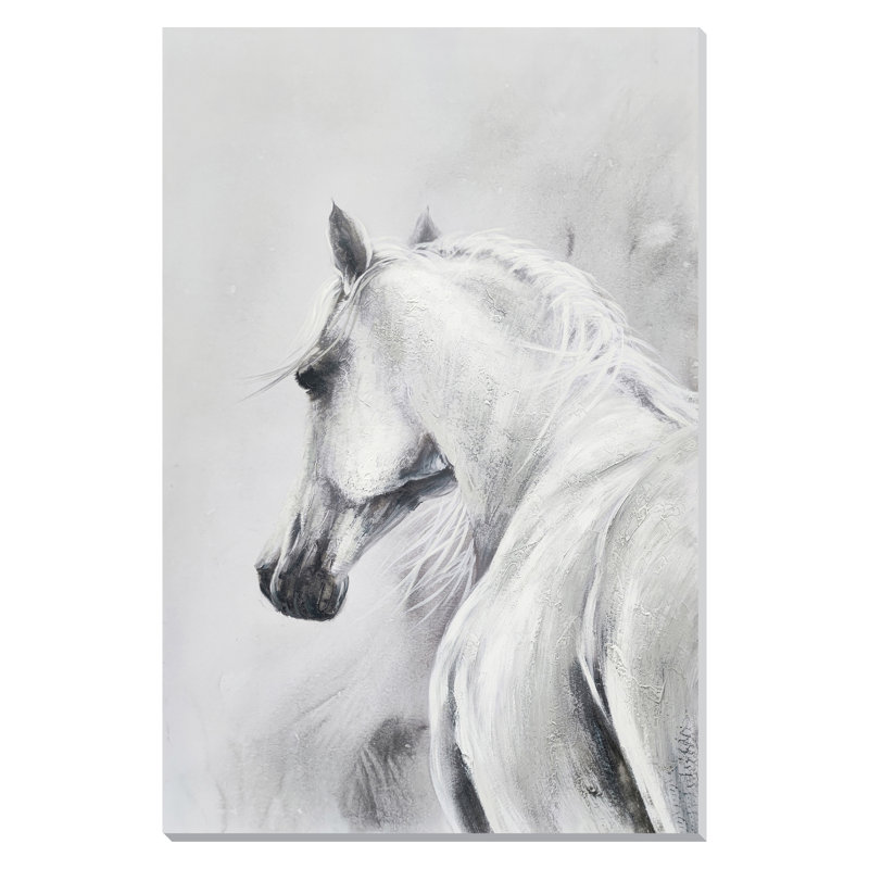 «Silvery Grace: Modern Horse», art mural sur toile abstraite - 32 po x 48 po
