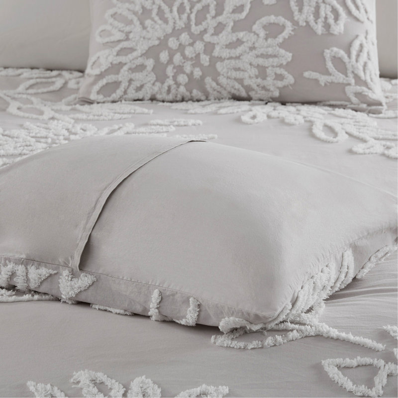 Ensemble d'édredon en chenille de coton capitonné 3 pièces, gris chaud / blanc, double / grand, rembourrage hypoallergénique
