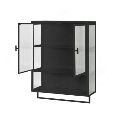 23.62"Glass Doors Modern Two-Door Wall Cabinet With Featuring Two-Tier Enclosed Storage, An Open Shelf, And Towel Rack, For Entryway Living Room Bathroom Dining Room,Black