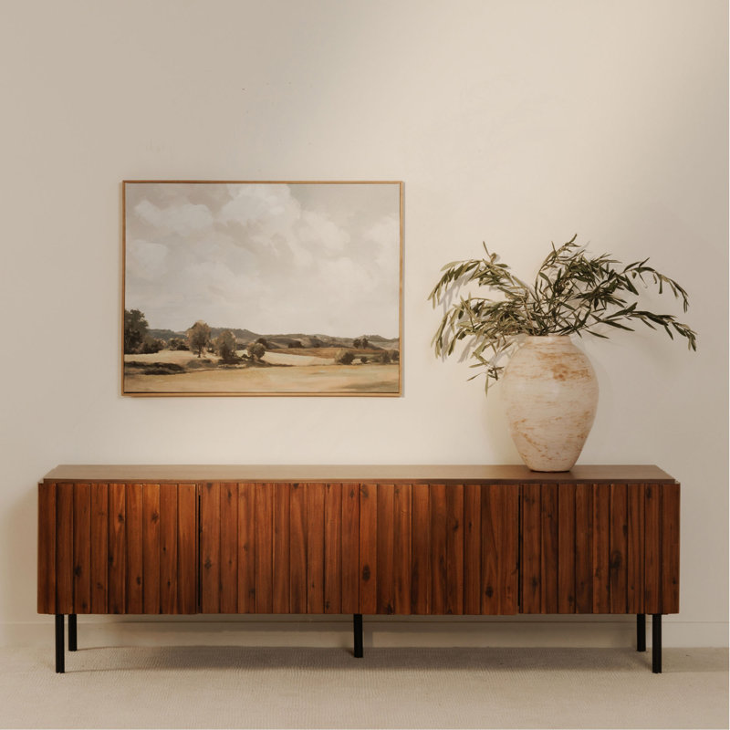 Cabinet média, porte en acacia massif, pieds en fer
