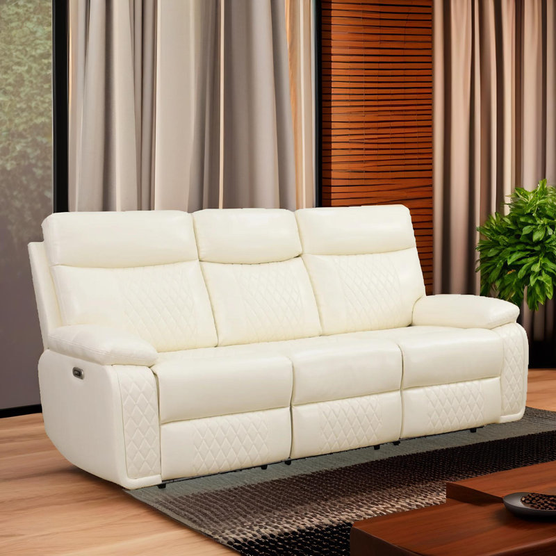 Victoria White Vegan Leather   Reclining  Sofa With Cup-Holders ,Wireless Charging And LED Lights
