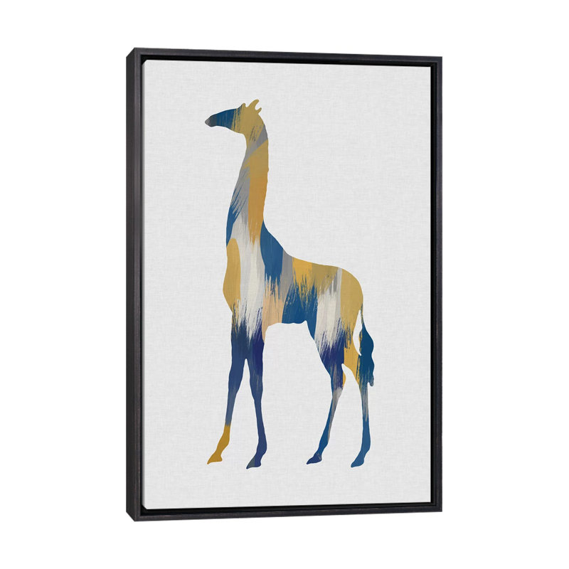 Girafe bleue et jaune - impression, H 26 po x l 18 po x 1,5 po, Toile avec cadre noir patiné