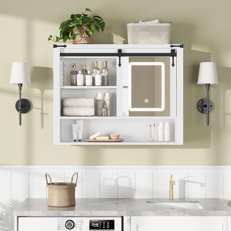 31" Farmhouse Bathroom Wall Cabinet with Mirror, LED Lighting Medicine Cabinet, Sliding Door Over Toilet Storage Cabinet with 3 Light Modes, Adjustable Brightness & Jewelry Holder