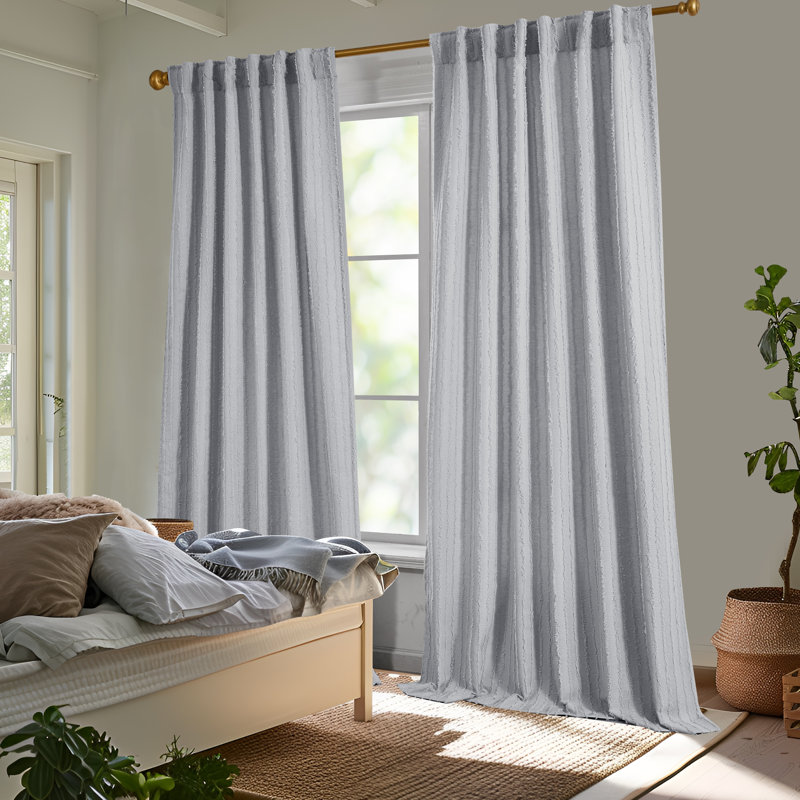 Tufted Stripe Linen Modern Farmhouse Room Darkening Curtains (Set of 2), Gray, 52" W x 84" L