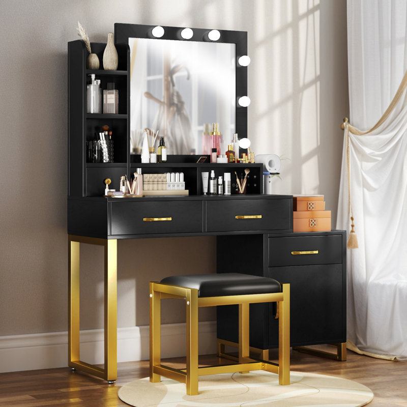 Ensemble de coiffeuse avec miroir lumineux à maquillage, Noir, noir, noir, noir