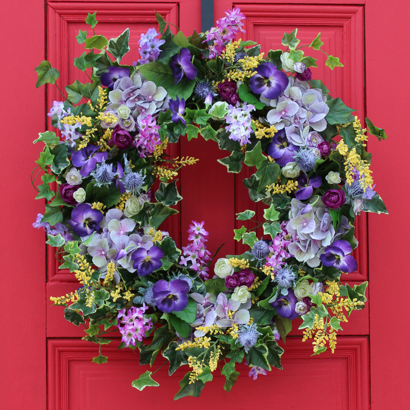 Couronne d'hortensia royale et mauve en soie mauve, H 30 po x L 30 po x P 5 po