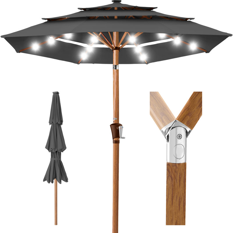  Parasol de patio à 3 niveaux avec 3 lumières à DEL Woodgrain, inclinable - gris, Gris