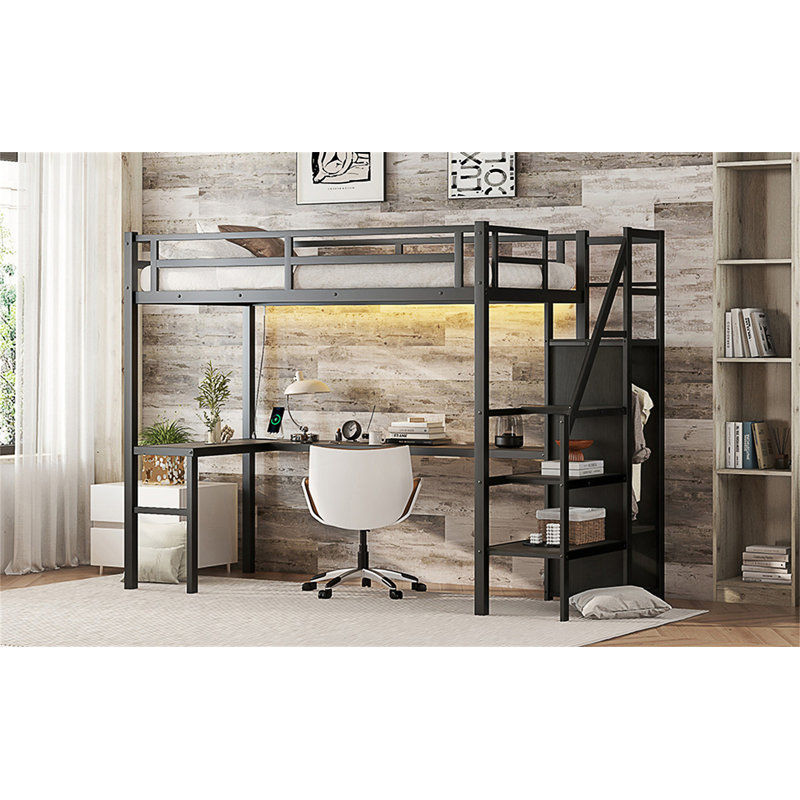 Twin XL High Loft Bed With L-Shaped Desk, USB Ports, LED Lighting, Wardrobe, And Adjustable Storage Shelves.