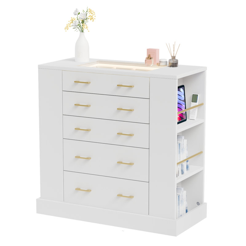 Armoire-penderie à double face avec rangement, commode moderne à 5 tiroirs avec plateau en verre et lumière DEL, blanc