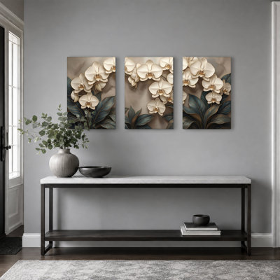Orchidées crème avec feuilles bleu sarcelle, ensemble de 3 toiles