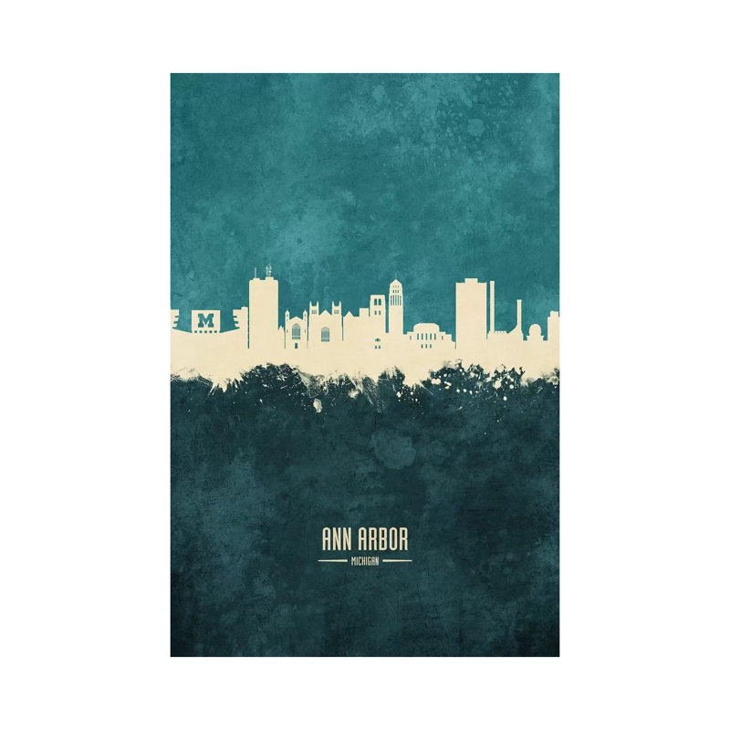 Ann Arbor Michigan Skyline Teal by Michael Tompsett - 1 Piece Wrapped Canvas Wall Art, 152.5 cm H x 101.5 cm W