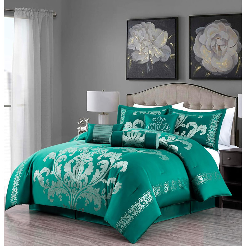 Royale Jacquard Floral 7 Piece Comforter Set, Queen Comforter + 6 Additional Pieces, Green/Silver