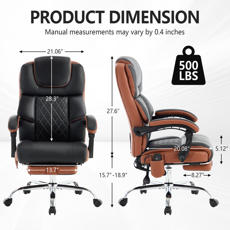 Massage office chair with footrest; leather recliner with vibration and heating functions; executive computer chair for larger individuals; height-adjustable ergonomic chair
