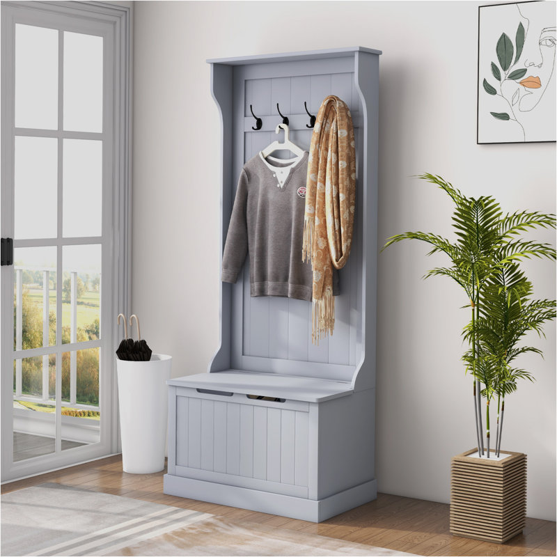 28" 3-In-1 Entryway Hall Tree With Storage Bench, Coat Rack With Four Hooks And Shoe Storage, Gray