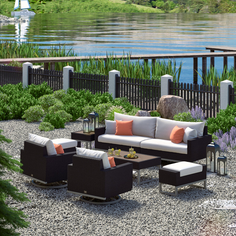 8 Piece Motion Deep Seating Patio Conversation Set, Brown, Canvas Jockey Red Sunbrella® Canvas