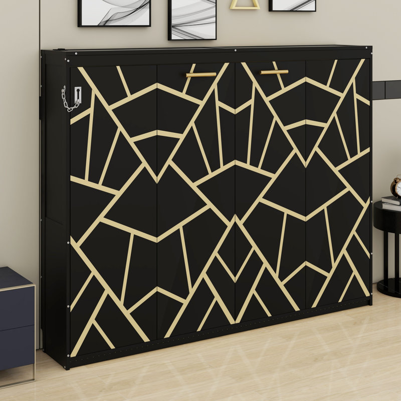Lit escamotable polyvalent avec motif imprimé tendance, lumières DEL sous le lit et chargeur USB, Noir